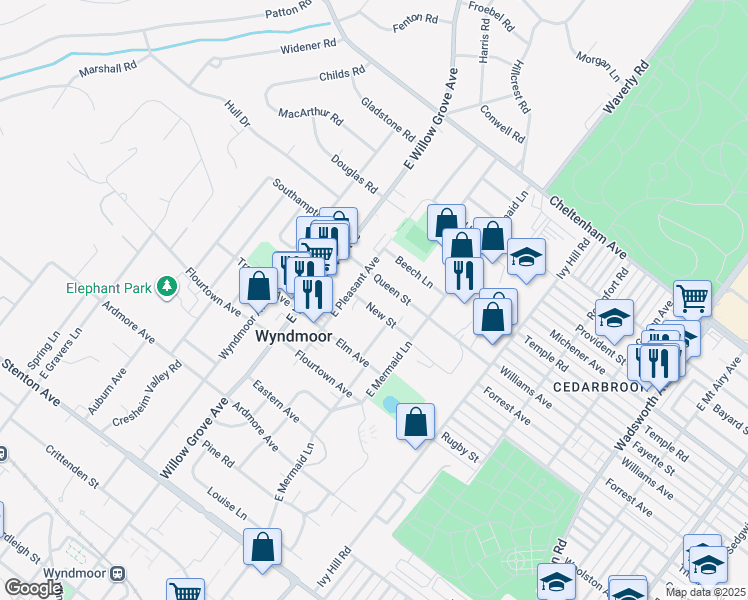 map of restaurants, bars, coffee shops, grocery stores, and more near 7814 Queen Street in Wyndmoor