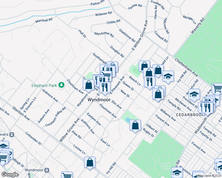 map of restaurants, bars, coffee shops, grocery stores, and more near 1002 East Willow Grove Avenue in Wyndmoor