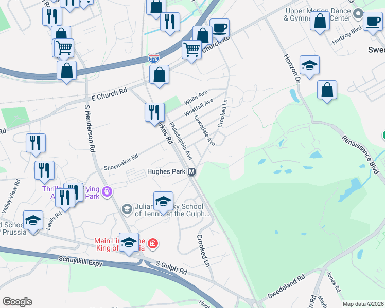 map of restaurants, bars, coffee shops, grocery stores, and more near 544 Philadelphia Avenue in King of Prussia