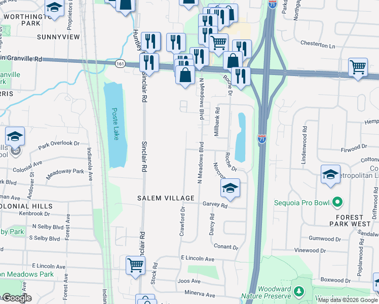map of restaurants, bars, coffee shops, grocery stores, and more near 5728 Crawford Drive in Columbus