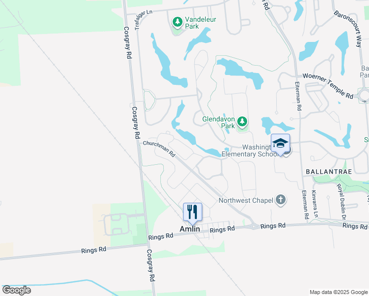 map of restaurants, bars, coffee shops, grocery stores, and more near 6996 Waters Edge Drive in Dublin