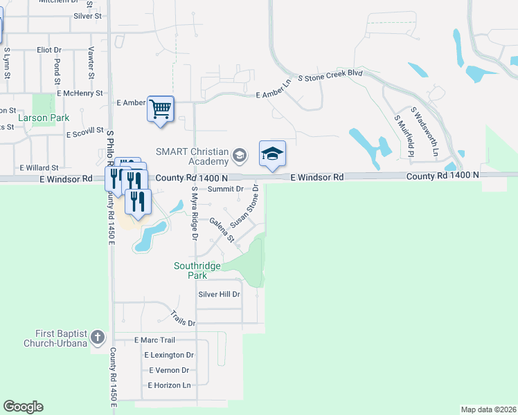 map of restaurants, bars, coffee shops, grocery stores, and more near 2003 Summit Drive in Urbana