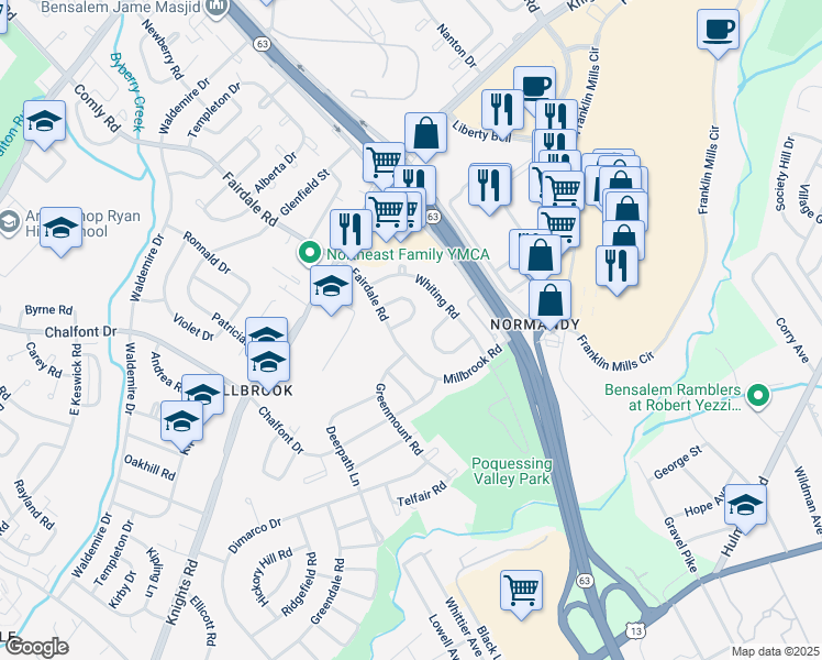 map of restaurants, bars, coffee shops, grocery stores, and more near 4161 Farmdale Road in Philadelphia