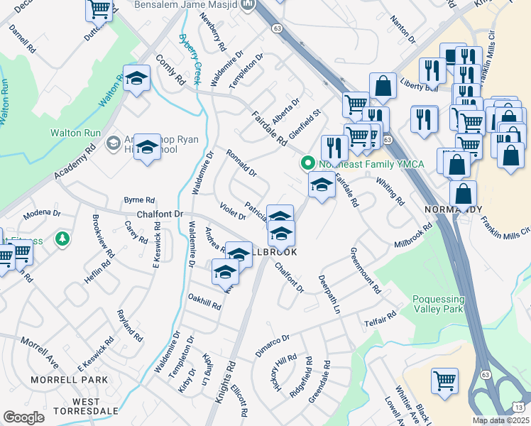 map of restaurants, bars, coffee shops, grocery stores, and more near 3907 Patrician Drive in Philadelphia