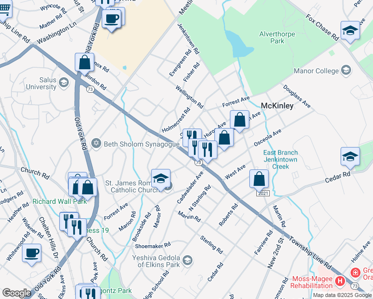 map of restaurants, bars, coffee shops, grocery stores, and more near 951 Township Line Road in Elkins Park