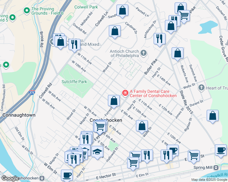 map of restaurants, bars, coffee shops, grocery stores, and more near in Conshohocken