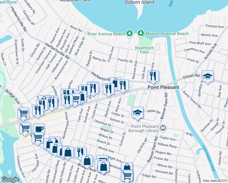 map of restaurants, bars, coffee shops, grocery stores, and more near 608 Barton Avenue in Point Pleasant