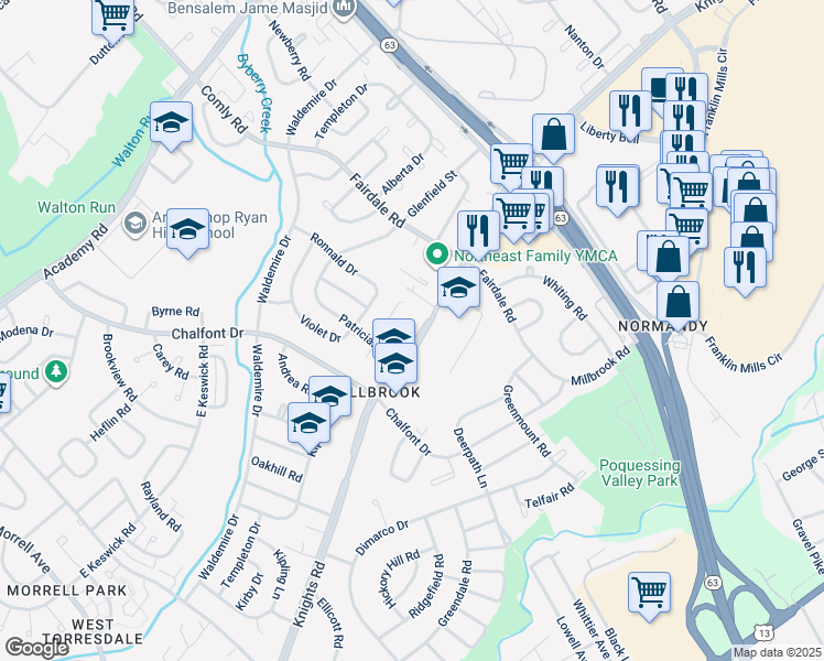 map of restaurants, bars, coffee shops, grocery stores, and more near 3997 Lancelot Place in Philadelphia