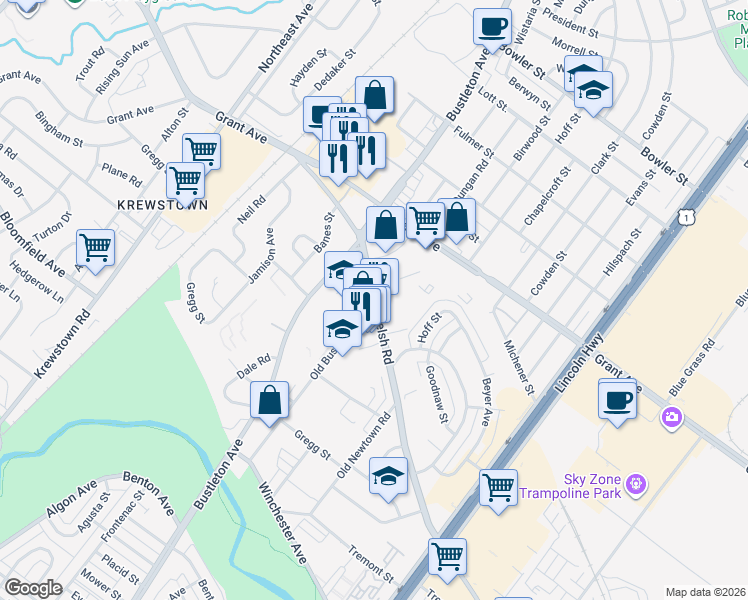 map of restaurants, bars, coffee shops, grocery stores, and more near 9341 Old Bustleton Avenue in Philadelphia