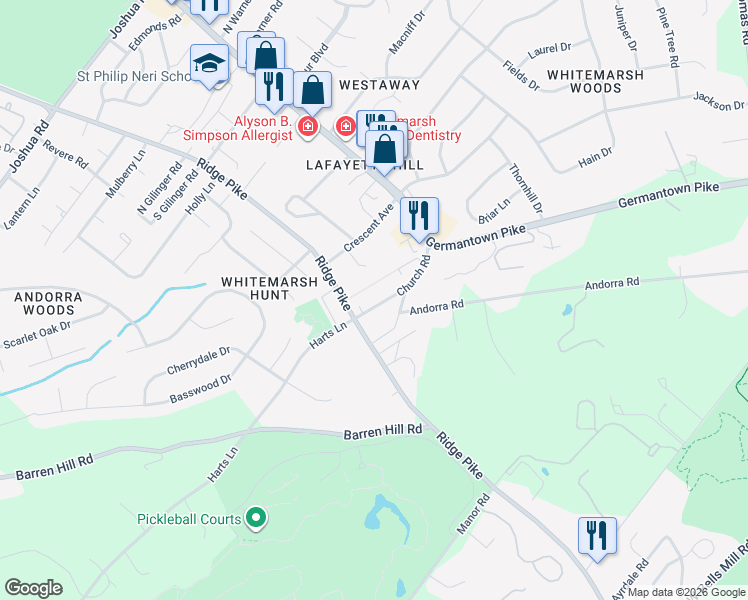 map of restaurants, bars, coffee shops, grocery stores, and more near 362 Ridge Pike in Lafayette Hill