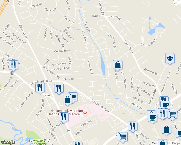 map of restaurants, bars, coffee shops, grocery stores, and more near 53 Whitman Street in Brick