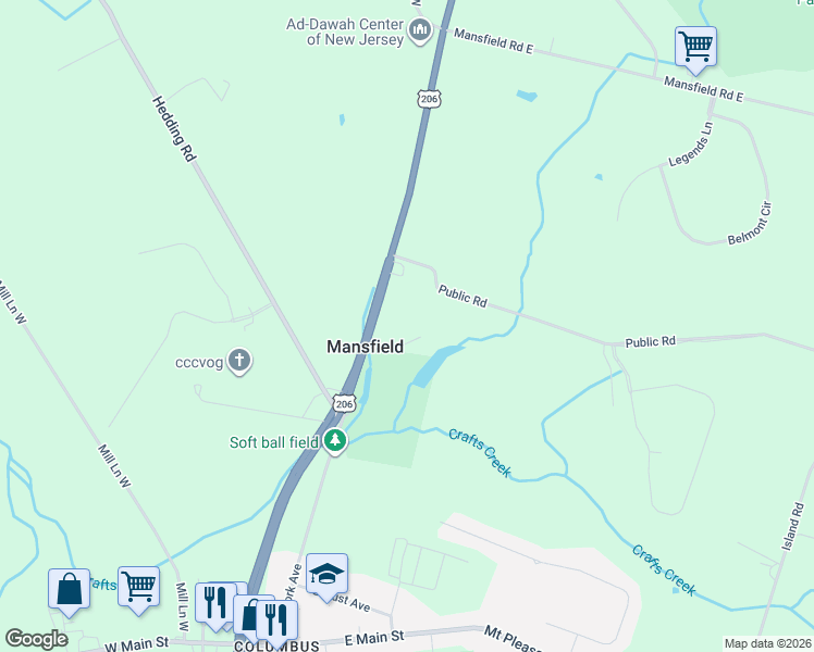 map of restaurants, bars, coffee shops, grocery stores, and more near 197 Public Road in Mansfield