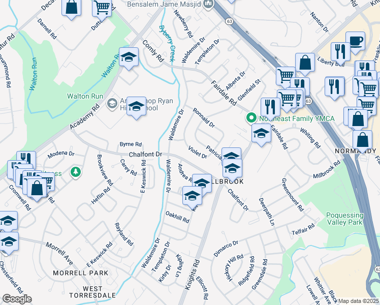 map of restaurants, bars, coffee shops, grocery stores, and more near 3816 Violet Drive in Philadelphia