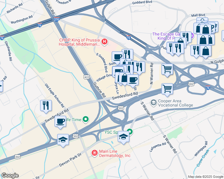 map of restaurants, bars, coffee shops, grocery stores, and more near 101 Bryce Lane in King of Prussia