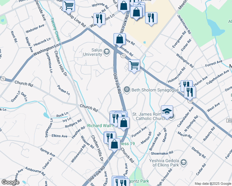 map of restaurants, bars, coffee shops, grocery stores, and more near 8251 Old York Road in Elkins Park