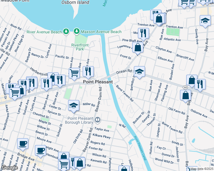 map of restaurants, bars, coffee shops, grocery stores, and more near 13 Intercoastal Way in Point Pleasant