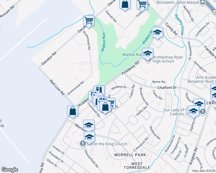 map of restaurants, bars, coffee shops, grocery stores, and more near 10849 Academy Road in Philadelphia