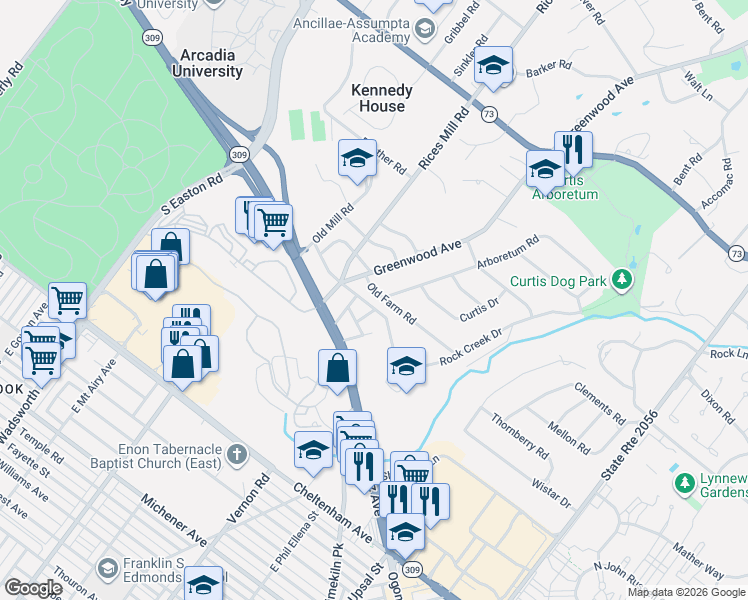 map of restaurants, bars, coffee shops, grocery stores, and more near 1136 Greenwood Avenue in Wyncote