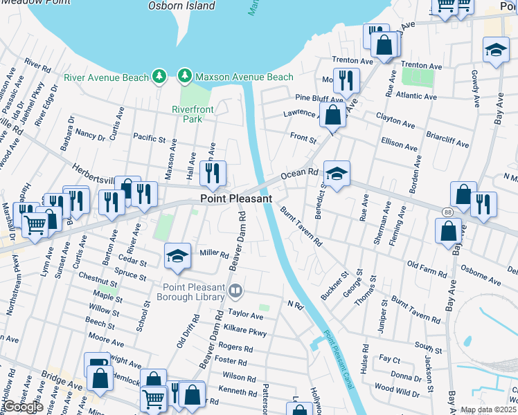 map of restaurants, bars, coffee shops, grocery stores, and more near 13 Intercoastal Way in Point Pleasant