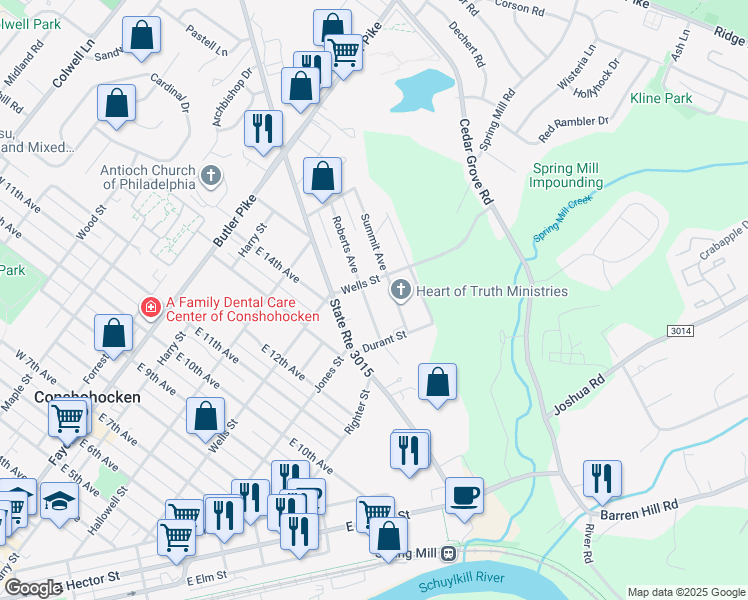 map of restaurants, bars, coffee shops, grocery stores, and more near 300 Roberts Avenue in Conshohocken