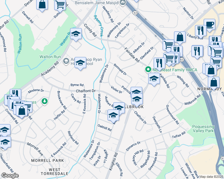 map of restaurants, bars, coffee shops, grocery stores, and more near 3816 Violet Drive in Philadelphia