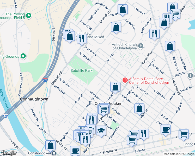 map of restaurants, bars, coffee shops, grocery stores, and more near 229 West 9th Avenue in Conshohocken