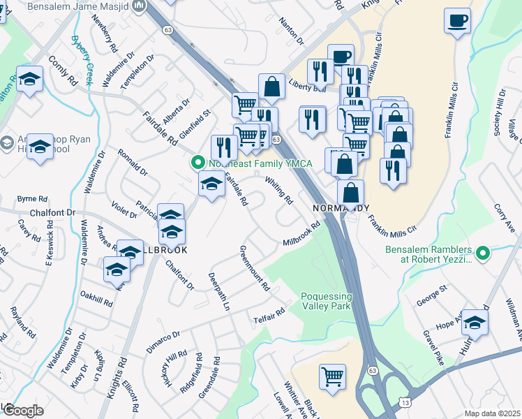 map of restaurants, bars, coffee shops, grocery stores, and more near 4161 Farmdale Road in Philadelphia