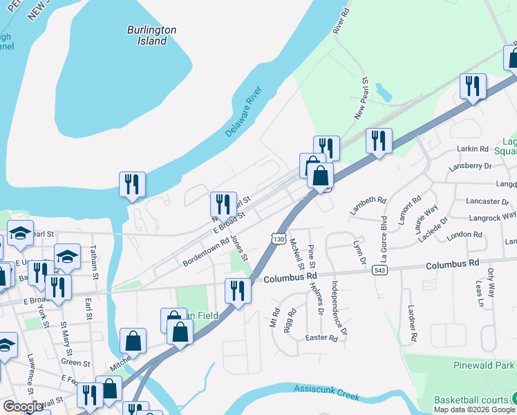 map of restaurants, bars, coffee shops, grocery stores, and more near 103 Thompson Street in Burlington Township