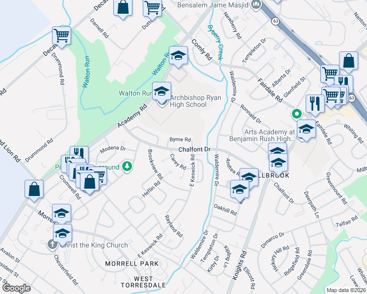 map of restaurants, bars, coffee shops, grocery stores, and more near 3547 Byrne Road in Philadelphia