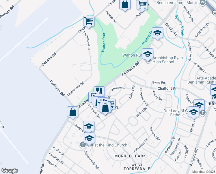 map of restaurants, bars, coffee shops, grocery stores, and more near 10849 Academy Road in Philadelphia
