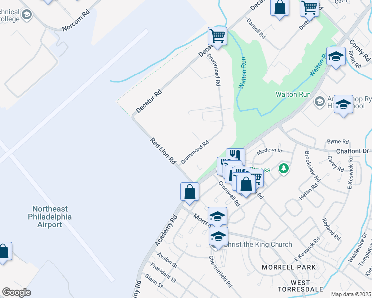 map of restaurants, bars, coffee shops, grocery stores, and more near 3031 Red Lion Road in Philadelphia