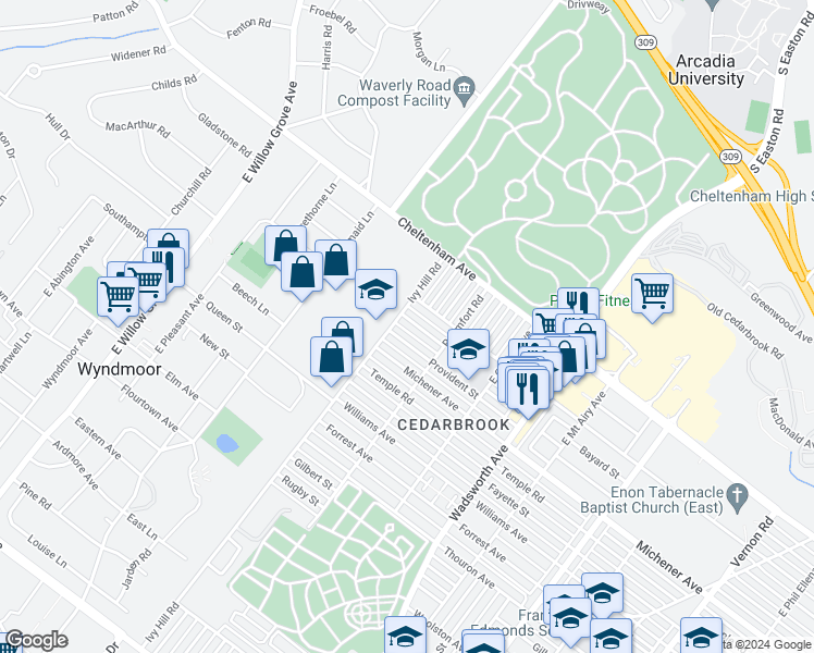 map of restaurants, bars, coffee shops, grocery stores, and more near 8648 Bayard Street in Philadelphia