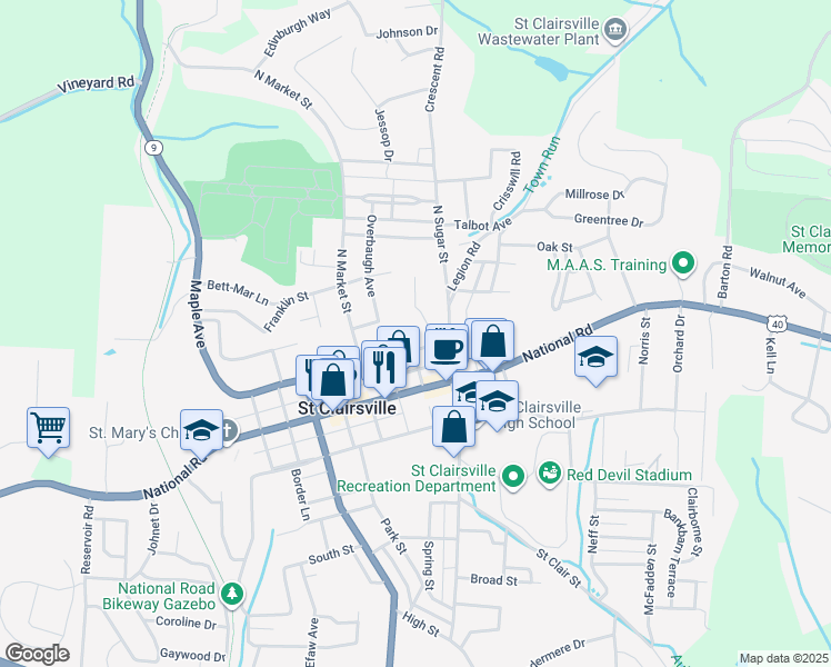 map of restaurants, bars, coffee shops, grocery stores, and more near 323 Orchard Lane in Saint Clairsville