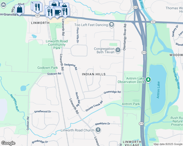 map of restaurants, bars, coffee shops, grocery stores, and more near 6037 Tulip Hill Road in Columbus