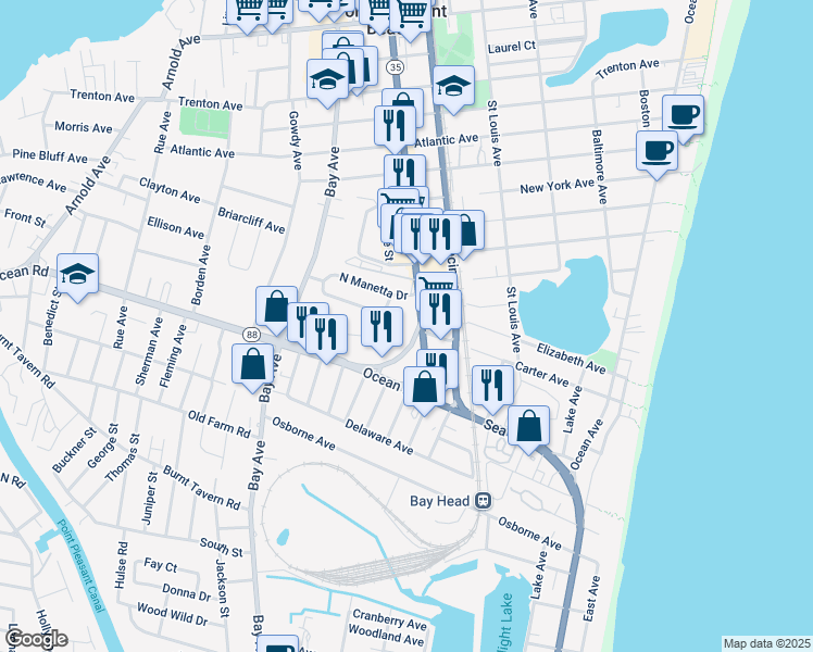 map of restaurants, bars, coffee shops, grocery stores, and more near 1513 Richmond Avenue in Point Pleasant
