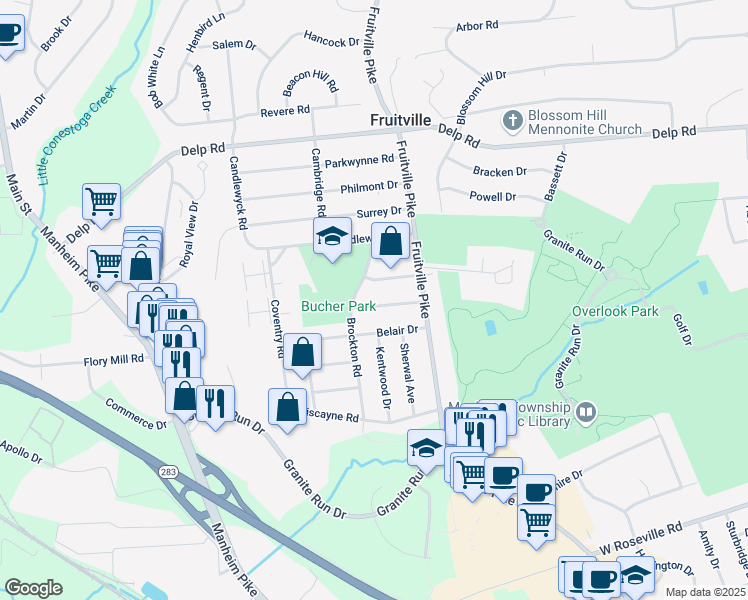 map of restaurants, bars, coffee shops, grocery stores, and more near 2191 Brockton Road in Lancaster