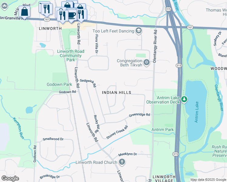 map of restaurants, bars, coffee shops, grocery stores, and more near 6037 Tulip Hill Road in Columbus