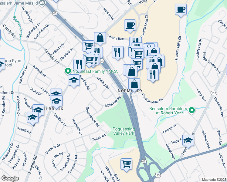 map of restaurants, bars, coffee shops, grocery stores, and more near 4231 Whiting Road in Philadelphia