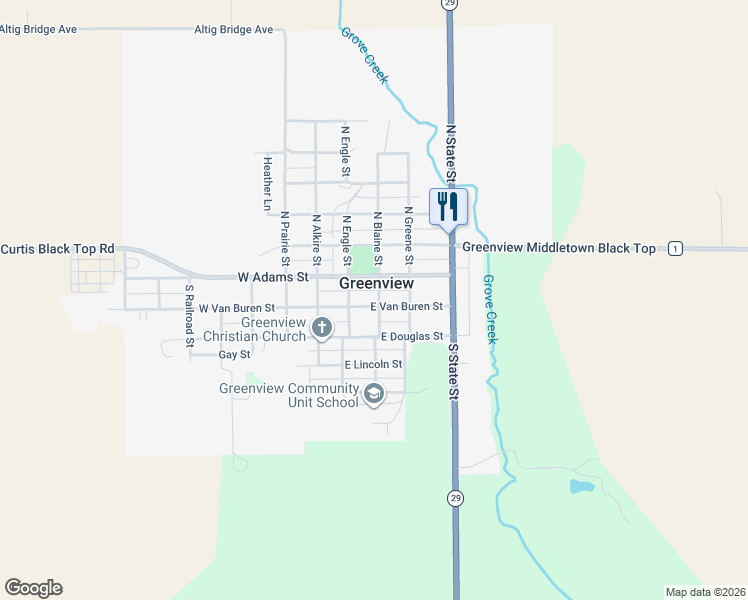 map of restaurants, bars, coffee shops, grocery stores, and more near 123 E Adams St in Greenview