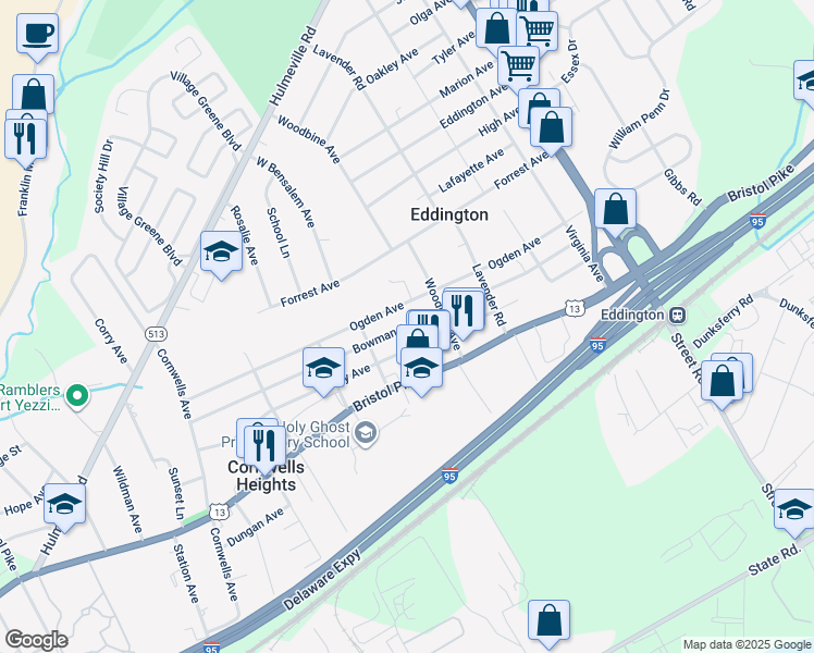 map of restaurants, bars, coffee shops, grocery stores, and more near 2578 Bowman Avenue in Bensalem