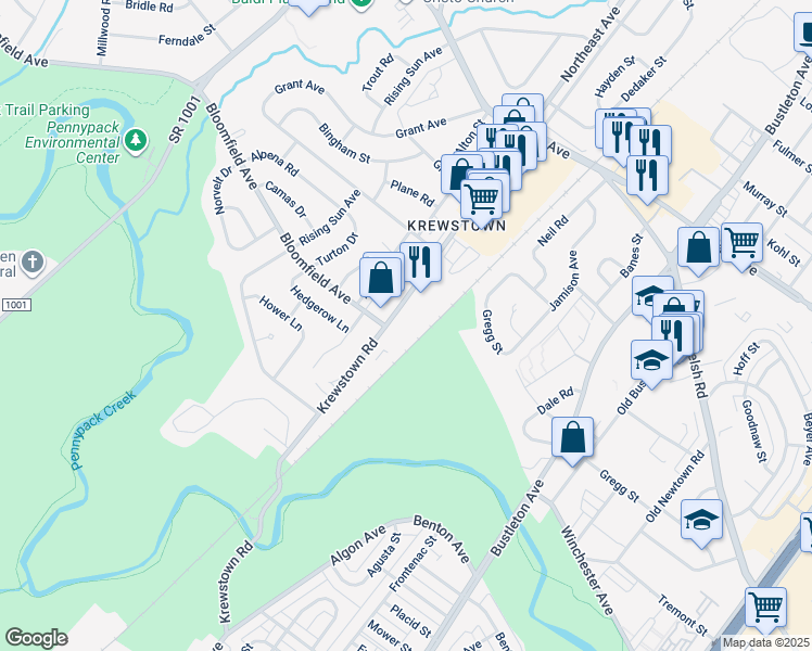 map of restaurants, bars, coffee shops, grocery stores, and more near 8875 Krewstown Road in Philadelphia