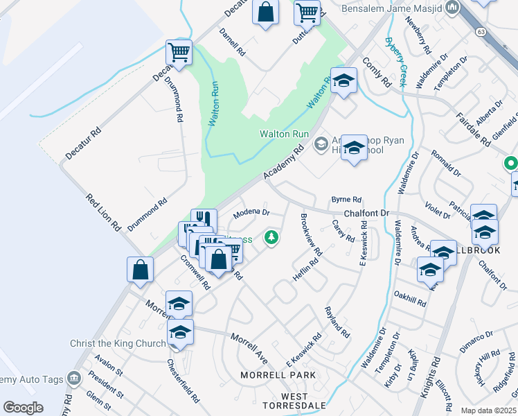 map of restaurants, bars, coffee shops, grocery stores, and more near 10906 Modena Place in Philadelphia