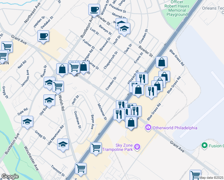 map of restaurants, bars, coffee shops, grocery stores, and more near 9516 Evans Street in Philadelphia