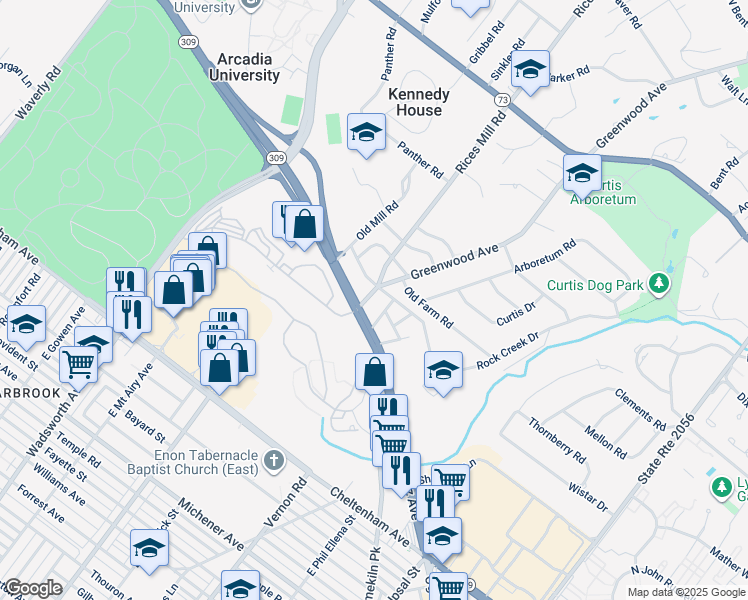 map of restaurants, bars, coffee shops, grocery stores, and more near 10 Greenwood Avenue in Wyncote