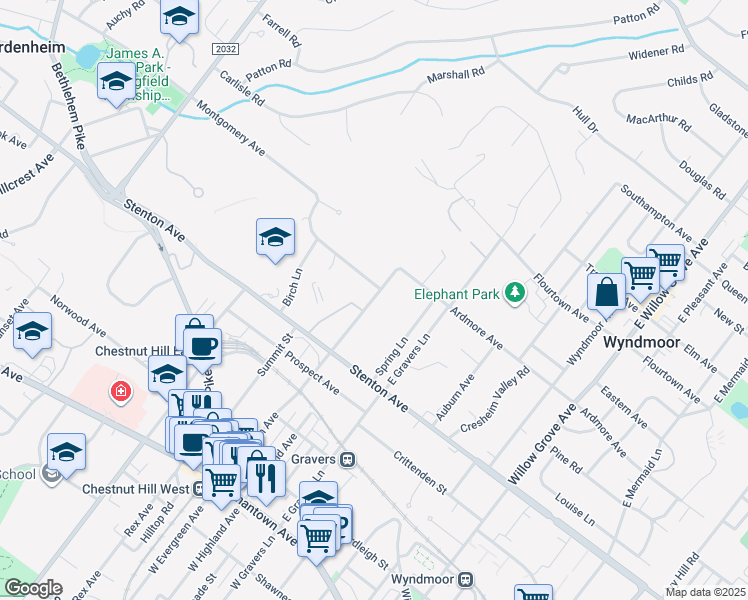 map of restaurants, bars, coffee shops, grocery stores, and more near 8600 Montgomery Avenue in Wyndmoor