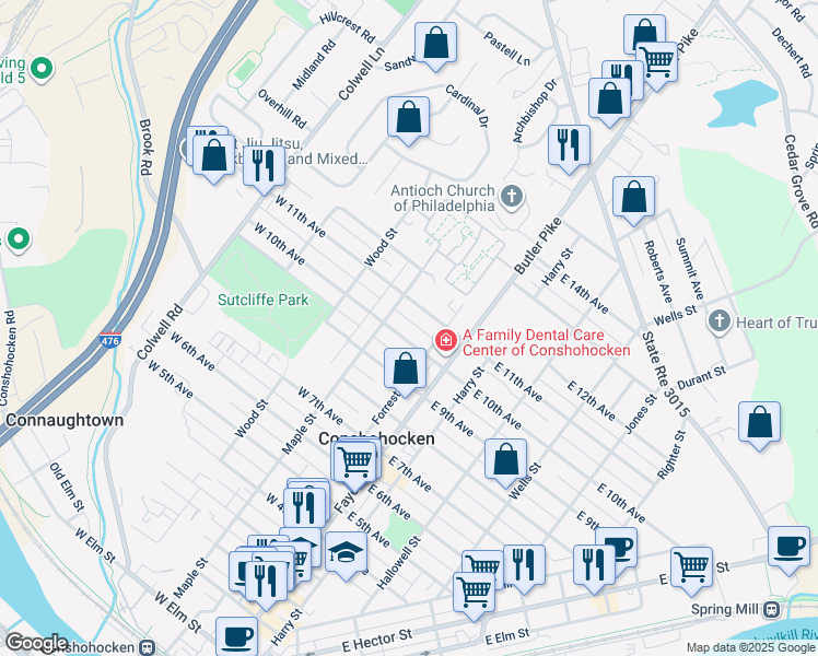 map of restaurants, bars, coffee shops, grocery stores, and more near in Conshohocken