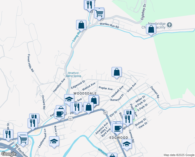 map of restaurants, bars, coffee shops, grocery stores, and more near 8 Woodlawn Court in Wheeling