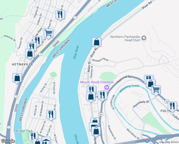 map of restaurants, bars, coffee shops, grocery stores, and more near 109 Kenney Street in Wheeling
