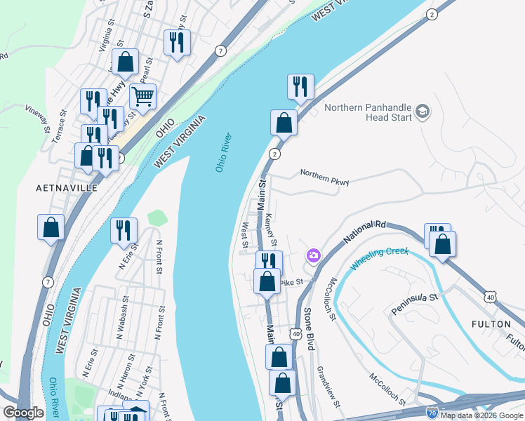 map of restaurants, bars, coffee shops, grocery stores, and more near 109 Kenney Street in Wheeling