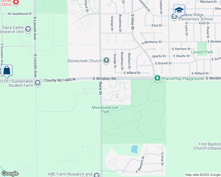 map of restaurants, bars, coffee shops, grocery stores, and more near Berns Drive in Urbana